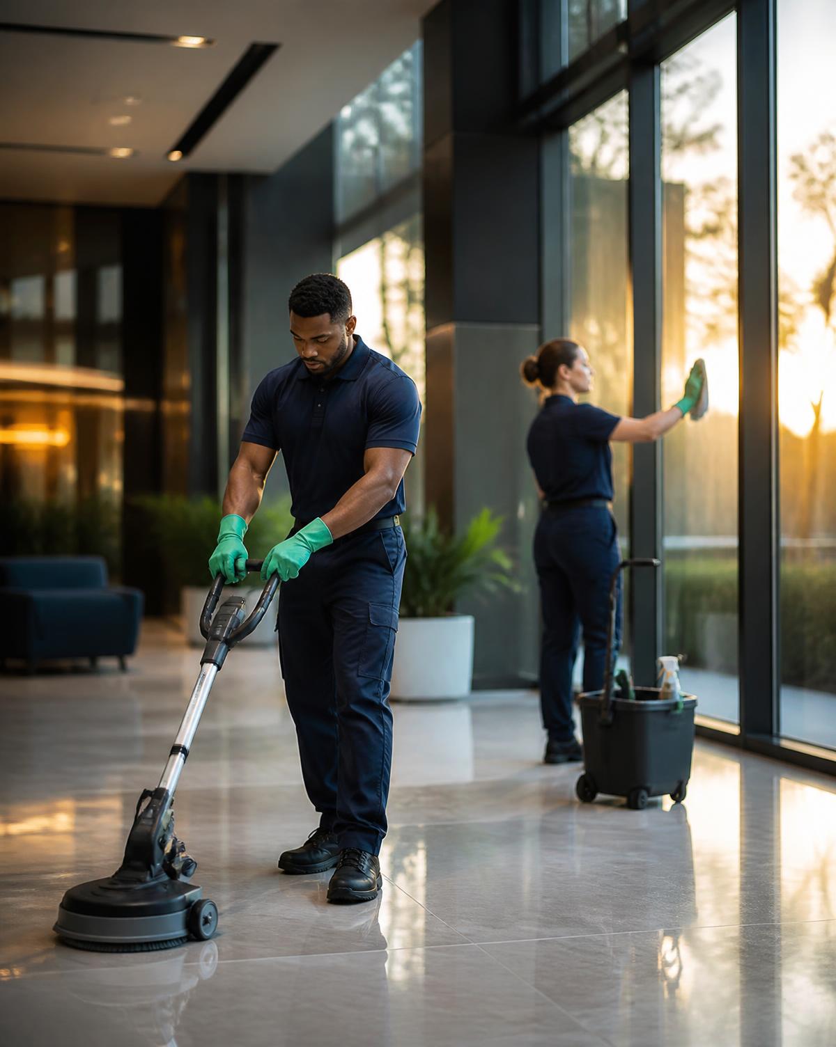 Commercial cleaning team servicing a modern office building