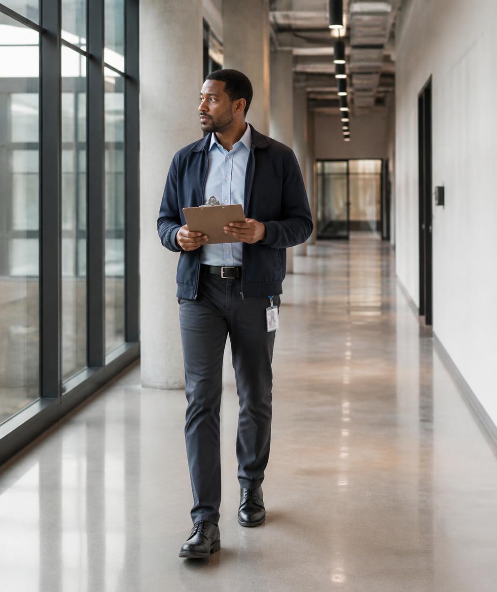 Facility manager walking a commercial building corridor
