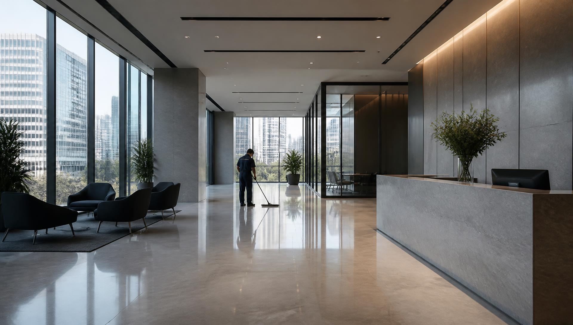 Commercial cleaner working in a premium office lobby at first light