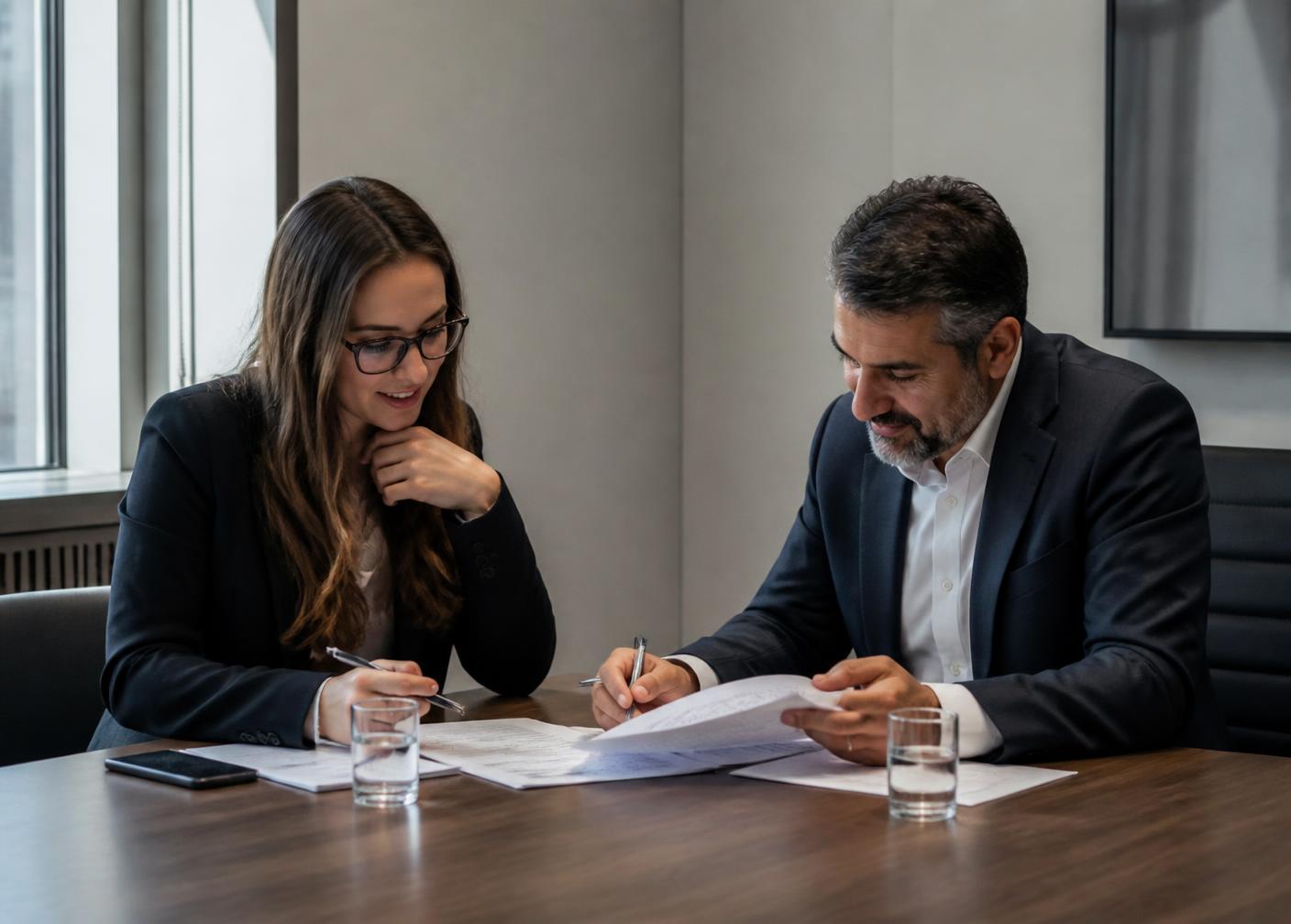 Two professionals reviewing quotes in a meeting room