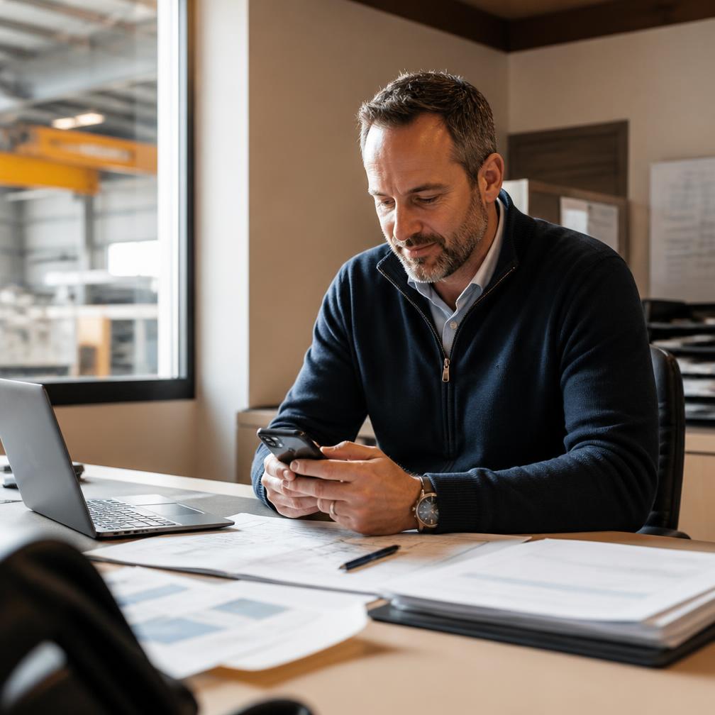 Business owner checking his phone between jobs